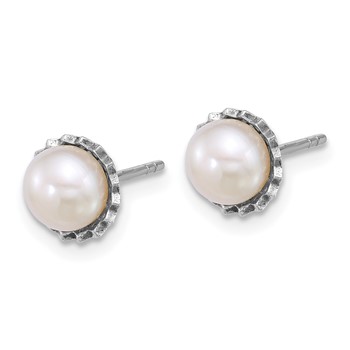 Sterling Silver Rhodium-plated 6-7mm Button White Freshwater Cultured Pearl Zig-Zag Edge Post Earrings — alternate view