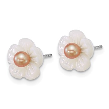 Sterling Silver Rhodium-plated 3-4mm Pink Round Freshwater Cultured Pearl and White Mother of Pearl Flower Post Earrings — alternate view