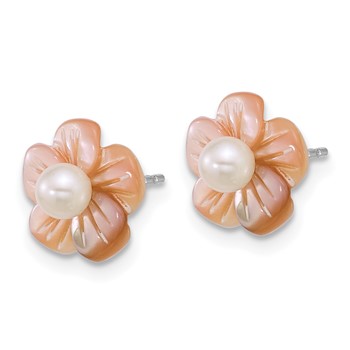 Sterling Silver Rhodium-plated 3-4mm White Round Freshwater Cultured Pearl and Pink Mother of Pearl Flower Post Earrings — alternate view
