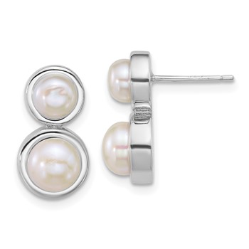 Sterling Silver Rhodium-plated 5-7mm Button White Freshwater Cultured 2-Pearl Post Earrings