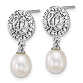 Sterling Silver Rhodium-plated 6-7mm Rice White Freshwater Cultured Pearl and CZ Dangle Post Earrings — alternate view