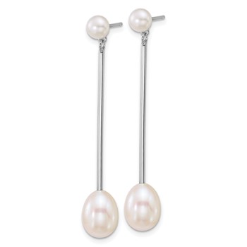 Sterling Silver Rhodium-plated 5-6mm Button and 7-8mm Teardrop White Freshwater Cultured Pearl and Bar Dangle Post Earrings — alternate view