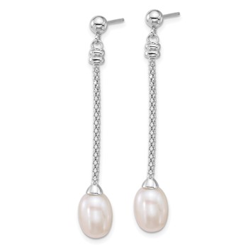 Sterling Silver Rhodium-plated 7-8mm Rice White Freshwater Cultured Pearl and Chain Dangle Post Earrings — alternate view