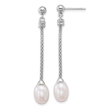 Sterling Silver Rhodium-plated 7-8mm Rice White Freshwater Cultured Pearl and Chain Dangle Post Earrings