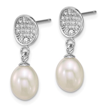 Sterling Silver Rhodium-plated 6-8mm Teardrop White Freshwater Cultured Pearl and Pave CZ Dangle Post Earrings — alternate view