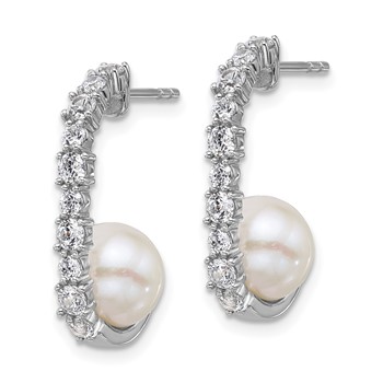 Sterling Silver Rhodium-plated Polished CZ and 7-8mm Round White Freshwater Cultured Pearl J-Hoop Post Earrings — alternate view
