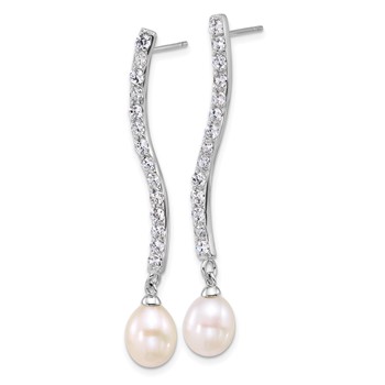 Sterling Silver Rhodium-plated 7-8mm Teardrop White Freshwater Cultured Pearl and CZ Dangle Post Earrings — alternate view