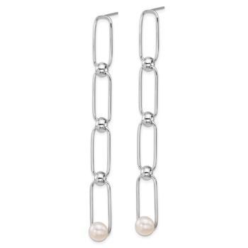 Sterling Silver Rhodium-plated 6-7mm Button White Freshwater Cultured Pearl and Bead Long Link Dangle Post Earrings — alternate view