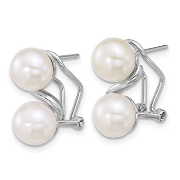 Sterling Silver Rhodium-plated 7-8mm Button White Freshwater Cultured 2-Pearl Omega Back Earrings — alternate view