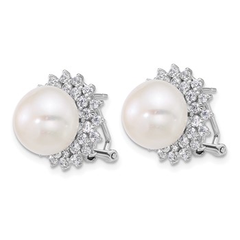 Sterling Silver Rhodium-plated 11-12mm Button White Freshwater Cultured Pearl and CZ Halo Omega Back Earrings — alternate view