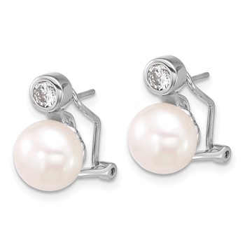 Sterling Silver Rhodium-plated 8-9mm Button White Freshwater Cultured Pearl and CZ Omega Back Earrings — alternate view