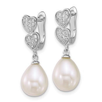 Sterling Silver Rhodium-plated 7-9mm Teardrop White Freshwater Cultured Pearl and CZ Hearts Dangle Earrings — alternate view