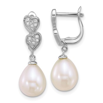 Sterling Silver Rhodium-plated 7-9mm Teardrop White Freshwater Cultured Pearl and CZ Hearts Dangle Earrings
