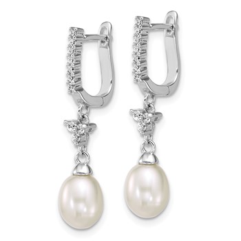 Sterling Silver Rhodium-plated 6-7mm Teardrop White Freshwater Cultured Pearl and CZ Dangle Hoop Earrings — alternate view