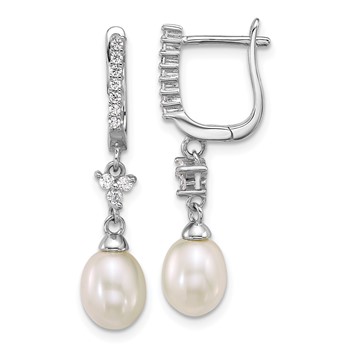 Sterling Silver Rhodium-plated 6-7mm Teardrop White Freshwater Cultured Pearl and CZ Dangle Hoop Earrings