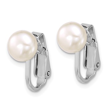 Sterling Silver Rhodium-plated 7-8mm Button White Freshwater Cultured Pearl Non-Pierced Earrings — alternate view