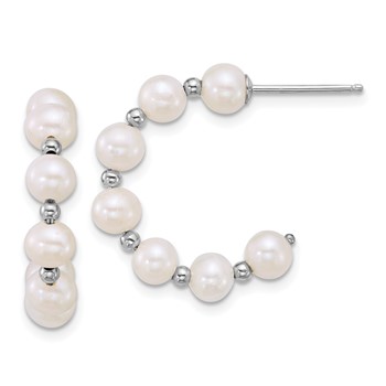 Sterling Silver Rhodium-plated 4-5mm Round White Freshwater Cultured Pearl and Bead C-Hoop Post Earrings