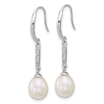 Sterling Silver Rhodium-plated 6-8mm Teardrop White Freshwater Cultured Pearl and CZ Dangle Shepherd Hook Earrings — alternate view