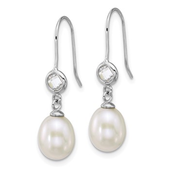 Sterling Silver Rhodium-plated 6-7mm Rice White Freshwater Cultured Pearl and Glass Stone Dangle Shepherd Hook Earrings — alternate view