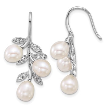 Sterling Silver Rhodium-plated 6-8mm Rice White Freshwater Cultured Pearland  CZ Leaf Dangle Shepherd Hook Earrings