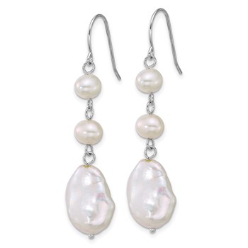 Sterling Silver Rhodium-plated 6-7mm Round and 11-12mm Keshi White Freshwater Cultured Pearl Dangle Shepherd Hook Earrings — alternate view