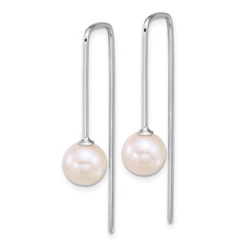 Sterling Silver Rhodium-plated 7-8mm Round White Freshwater Cultured Pearl Squared Threader Earrings — alternate view