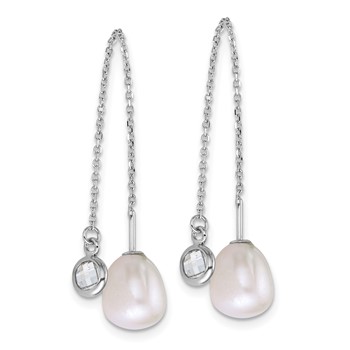Sterling Silver Rhodium-plated 6-8mm Teardrop White Freshwater Cultured Pearl and Glass Stone Threader Earrings — alternate view