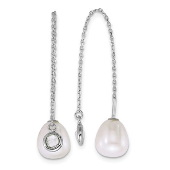 Sterling Silver Rhodium-plated 6-8mm Teardrop White Freshwater Cultured Pearl and Glass Stone Threader Earrings