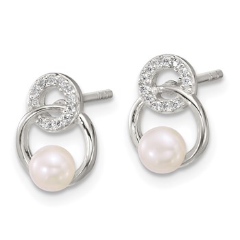Sterling Silver Polished CZ Circles with 4-5mm Imitation Button Pearl Post Earrings — alternate view