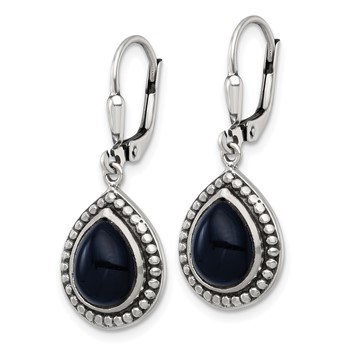 Sterling Silver Antiqued Onyx Teardrop Cabochon Leverback Dangle Earrings — alternate view