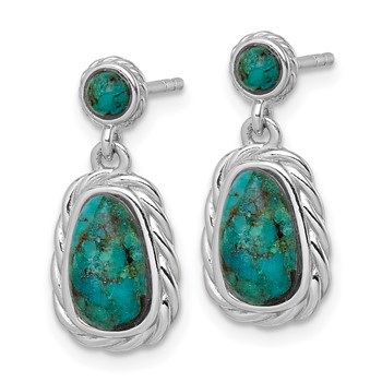 Sterling Silver Rhodium-plated Polished Twisted Edge Compressed Turquoise Cabochon Dangle Post Earrings — alternate view