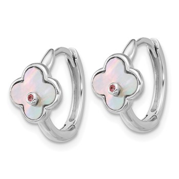 Sterling Silver Rhodium-plated Mother of Pearl and Pink CZ Flower Hinged Hoop Earrings — alternate view