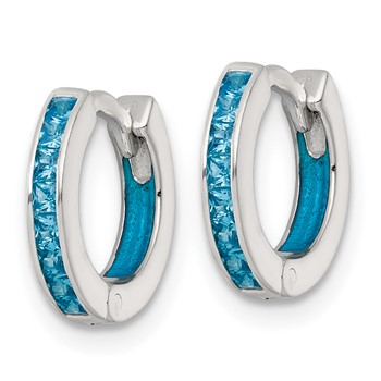 Sterling Silver Polished Blue CZ and Blue Enamel In and Out 13mm Hinged Round Hoop Earrings — alternate view