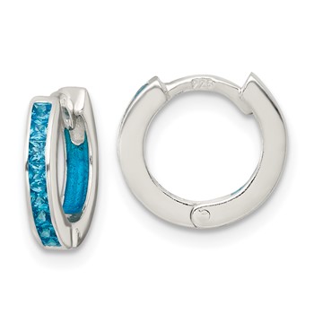 Sterling Silver Polished Blue CZ and Blue Enamel In and Out 13mm Hinged Round Hoop Earrings