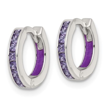 Sterling Silver Polished Purple CZ and Purple Enamel In and Out 13mm Hinged Round Hoop Earrings — alternate view