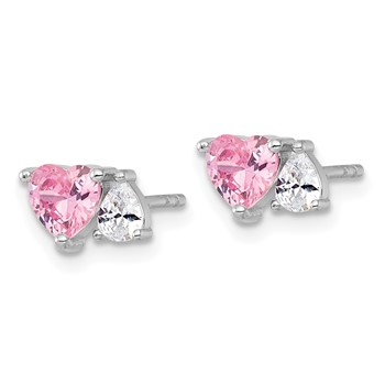 Sterling Silver Rhodium-plated Polished Heart Pink and White Pear CZ Post Earrings — alternate view