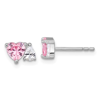 Sterling Silver Rhodium-plated Polished Heart Pink and White Pear CZ Post Earrings