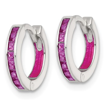 Sterling Silver Polished Pink CZ and Pink Enamel In and Out 13mm Hinged Round Hoop Earrings — alternate view