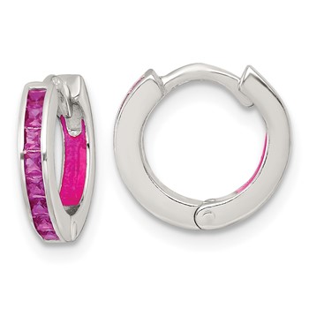 Sterling Silver Polished Pink CZ and Pink Enamel In and Out 13mm Hinged Round Hoop Earrings