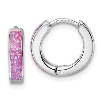 Sterling Silver Rhodium-plated Polished 3.25mm x 12mm Pink Lab Created Opal Hinged Hoop Earrings