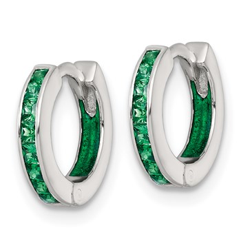 Sterling Silver Polished Green CZ and Green Enamel In and Out 13mm Hinged Round Hoop Earrings — alternate view