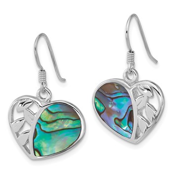 Sterling Silver Rhodium-plated Polished Abalone Heart and Leaves Dangle Shepherd Hook Earrings — alternate view