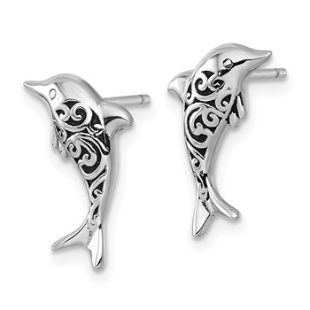 Sterling Silver Rhodium-plated Polished and Oxidized Filigree Dolphin Post Earrings — alternate view