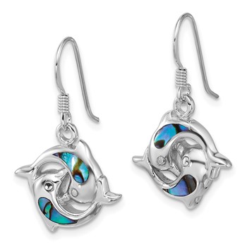 Sterling Silver Rhodium-plated Polished Abalone Dolphins Dangle Shepherd Hook Earrings — alternate view