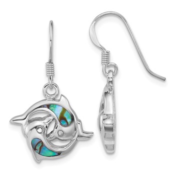 Sterling Silver Rhodium-plated Polished Abalone Dolphins Dangle Shepherd Hook Earrings