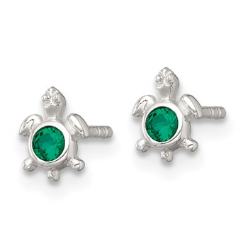 Sterling Silver Polished Green CZ Turtle Mini Post Earrings — alternate view