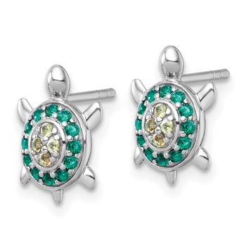 Sterling Silver Rhodium-plated Polished Green And Yellow Nano Crystals Turtle Post Earrings — alternate view