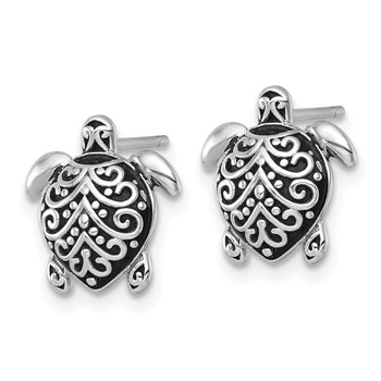 Sterling Silver Polished and Oxidized Filigree Hollow Turtle Post Earrings — alternate view