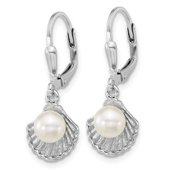 Sterling Silver Rhodium-plated Polished Sea Shell and Acrylic Pearl Leverback Earrings — alternate view