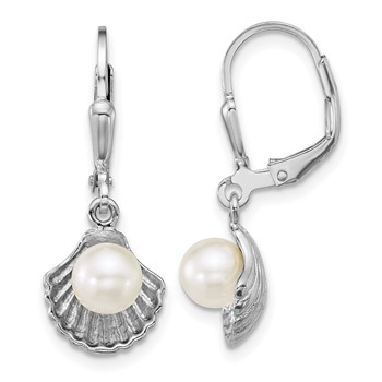 Sterling Silver Rhodium-plated Polished Sea Shell and Acrylic Pearl Leverback Earrings